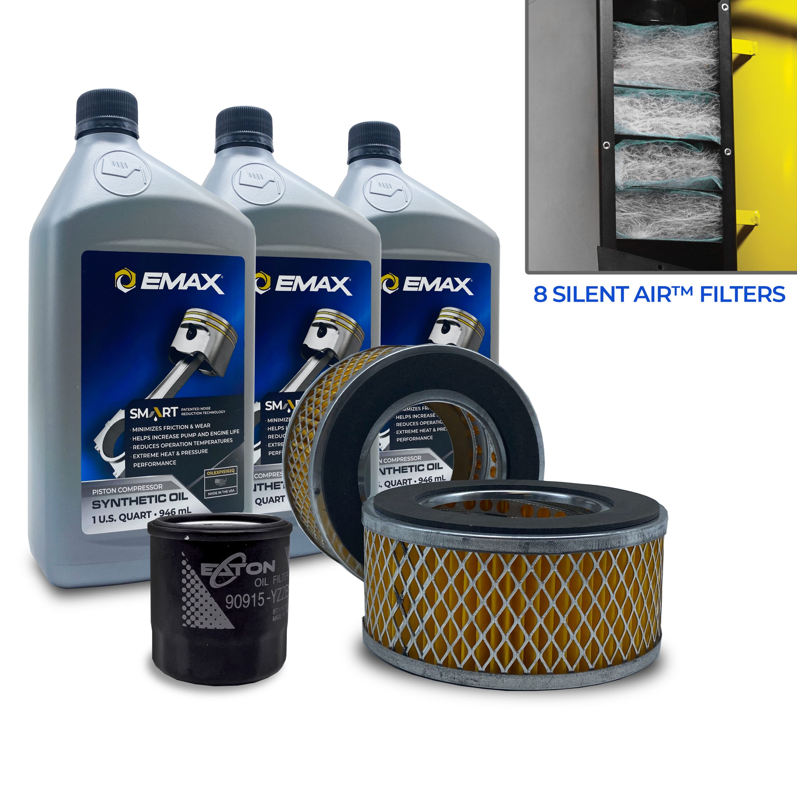 EMAX 5YR Extended Silent Air Warranty Filter Maintenance kits for 15hp - 20hp Piston Compressors, includes (3) OILEXPIS102Q (2) FILTER058 (8) FILTER107 (1) FILTER125 Oil Filter