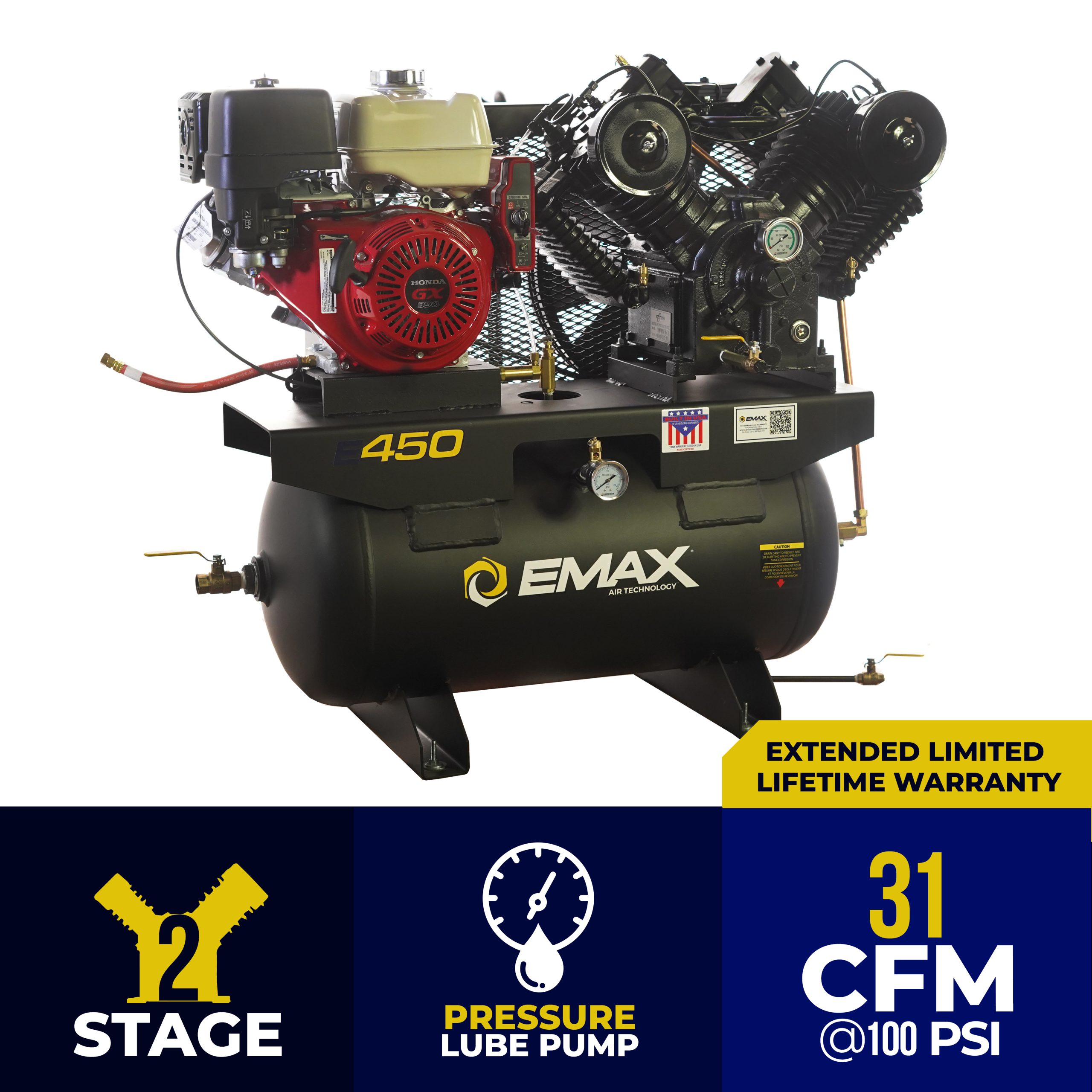 EMAX Honda GX Gas Driven w/Electric Start 13 HP V4 28CFM Pressure Lubricated 30 Gal.Truck Mount Stationary Air Compressor