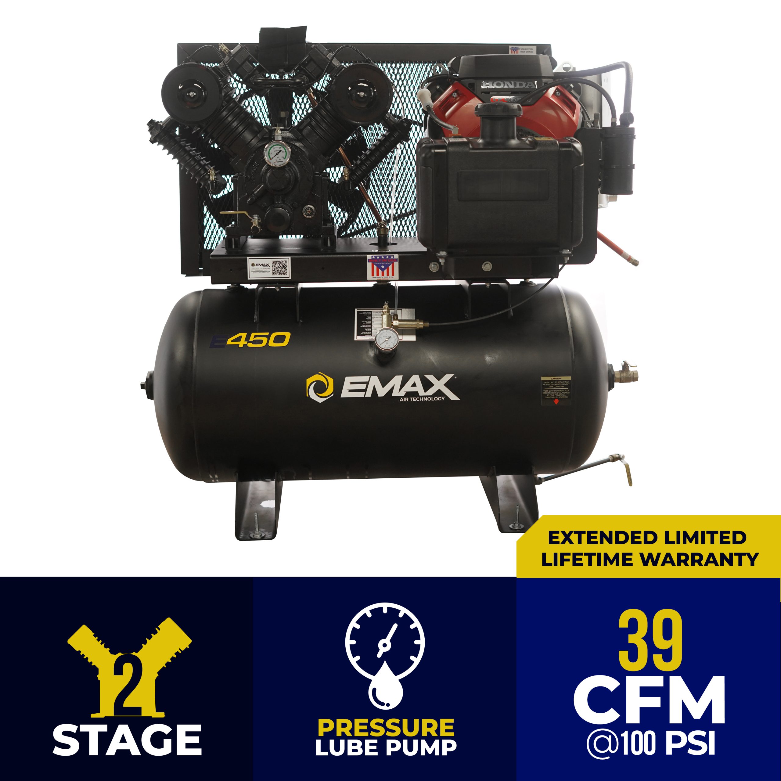 EMAX Honda GX Gas Driven w/Electric Start 18HP V4 39CFM Pressure Lubricated 60 Gal.Truck Mount Stationary Air Compressor