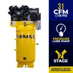 EMAX  7.5HP 80-Gal Industrial Air Compressor, 31 CFM @ 100 PSI,  4-Cylinder Two-Stage, Pressure-Lubricated Pump, Isolator Pads