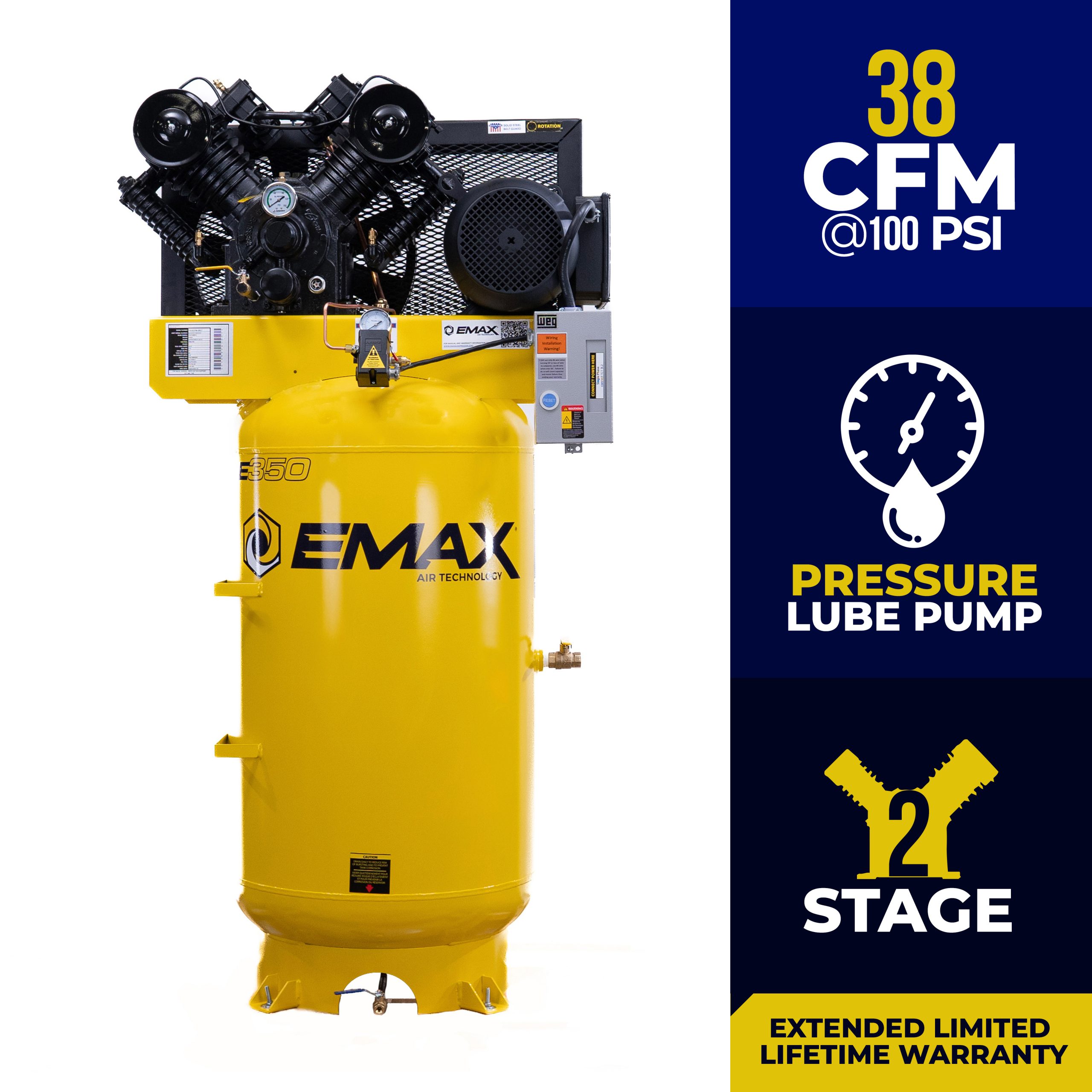 EMAX Industrial 10HP 38CFM 1-Phase 80 gal. Vertical Industrial Electric Air Compressor-w/Pressure Lube Pump,w/Isolator Pads