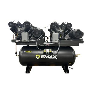 EMAX DUPLEX Industrial Plus 7.5HP V4 62CFM 1- Phase 2-Stage 120 Gal. Horizontal Stationary Electric Air Compressor-W/ Pressure Lube Pump , Isolator Pads, Belt Tensioner, Auto Drain, alternating switch