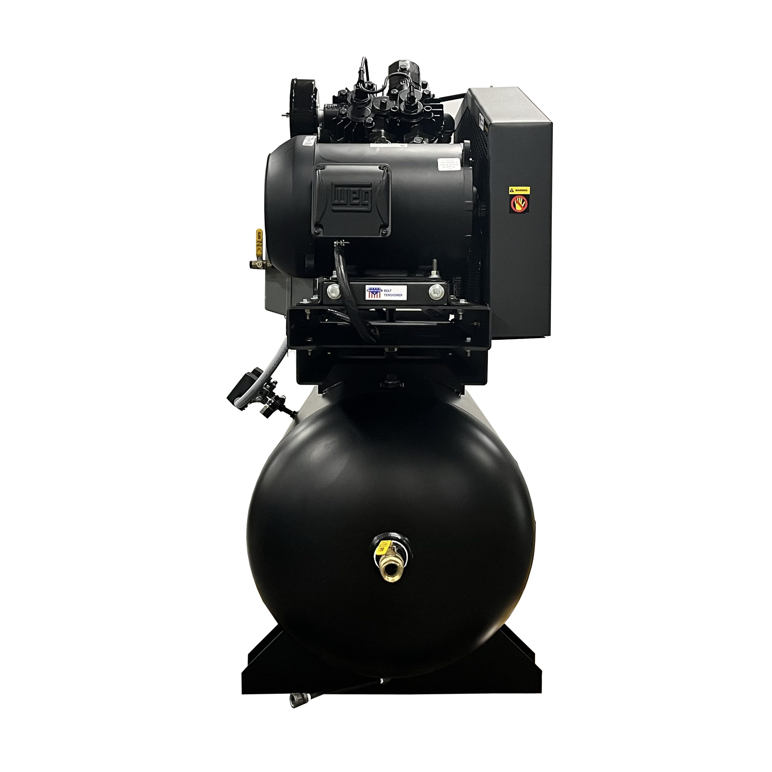EMAX DUPLEX Industrial Plus 7.5HP V4 62CFM 3 Phase 208V 2-Stage 120 Gal. Horizontal Stationary Electric Air Compressor-W/ Pressure Lube Pump , Isolator Pads, Belt Tensioner, Auto Drain, alternating switch - Image 4
