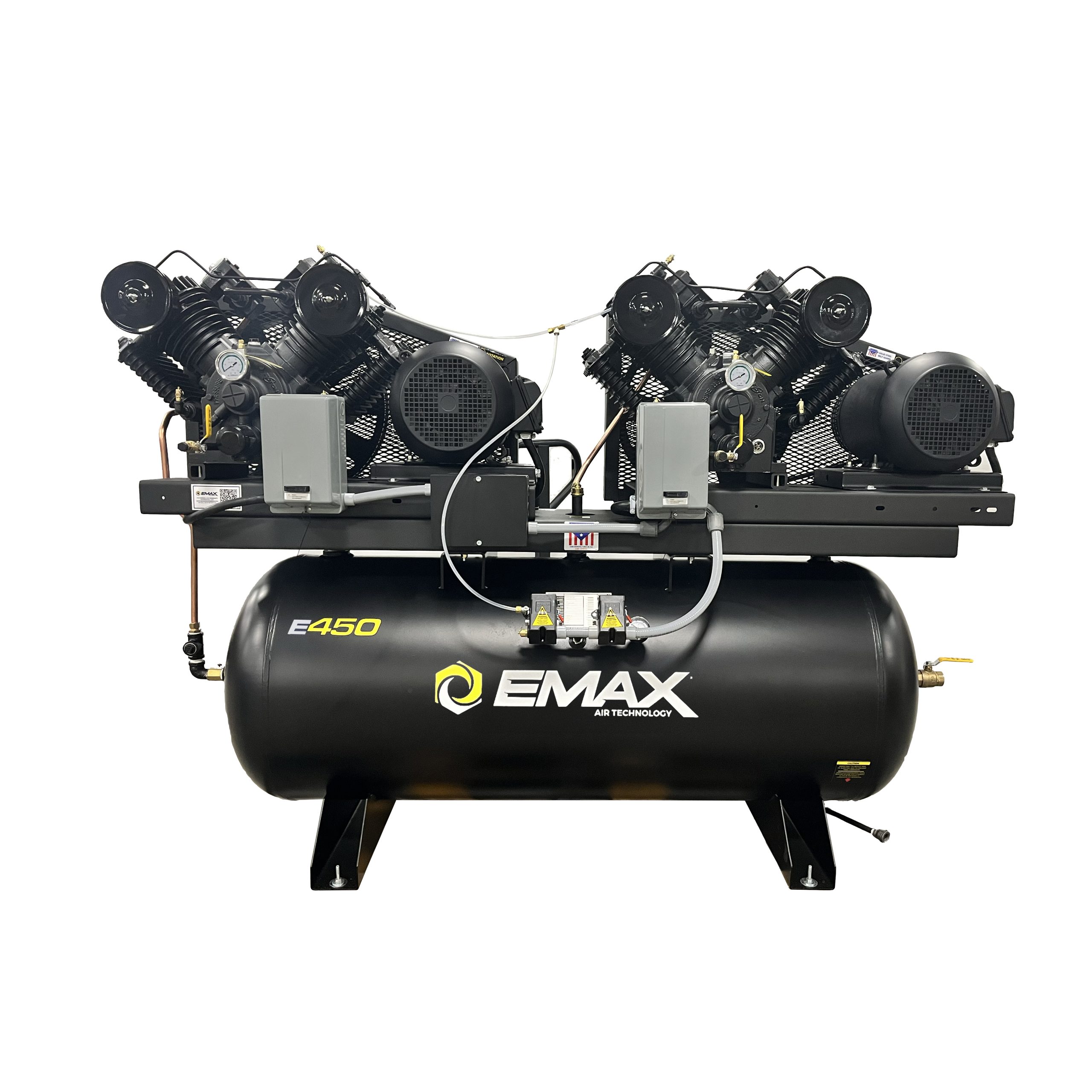 EMAX DUPLEX Industrial Plus 10HP V4 76CFM 1- Phase 2-Stage 120 Gal. Horizontal Stationary Electric Air Compressor-W/ Pressure Lube Pump , Isolator Pads, Belt Tensioner, Auto Drain, alternating switch