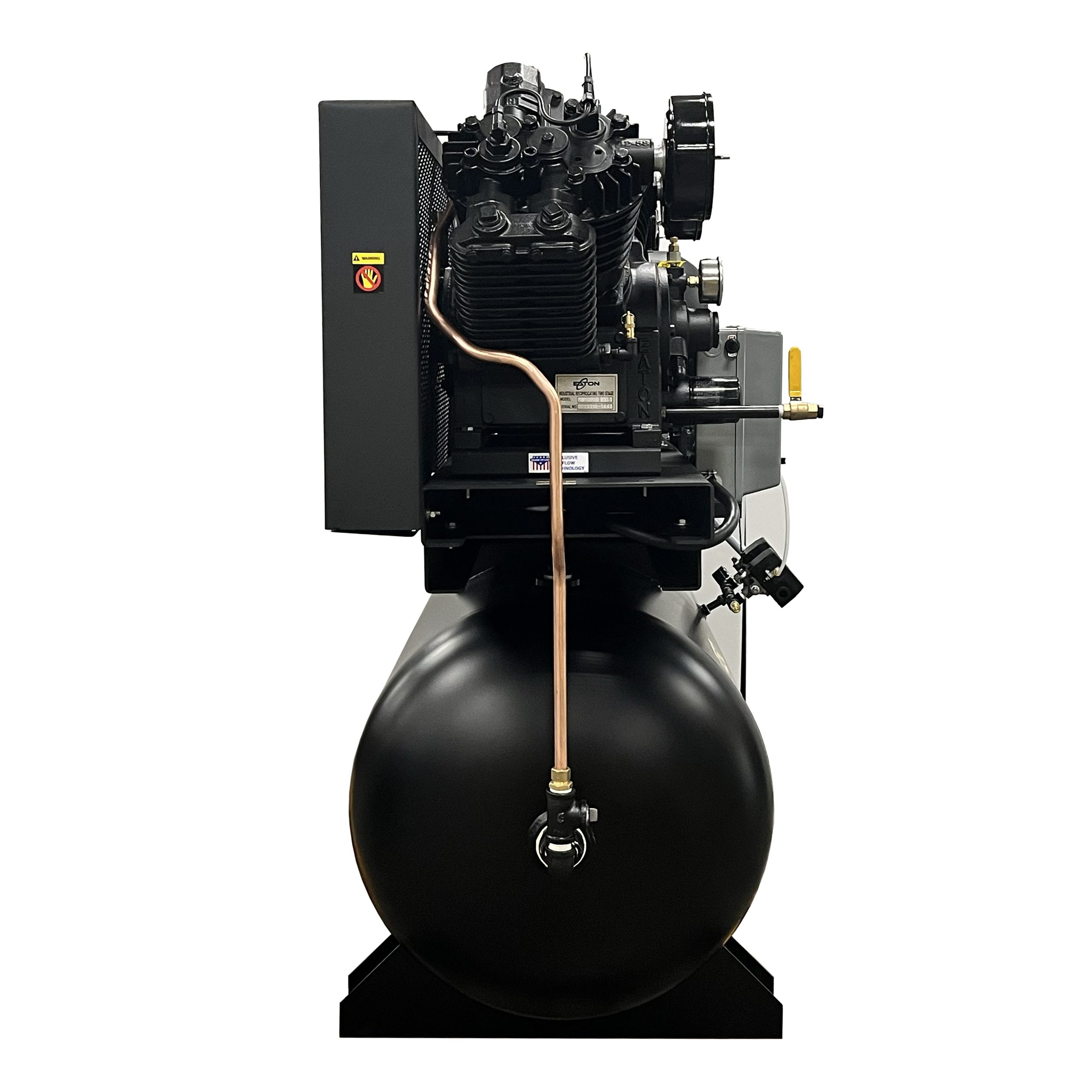 EMAX DUPLEX Industrial Plus 10HP V4 76CFM 1- Phase 2-Stage 120 Gal. Horizontal Stationary Electric Air Compressor-W/ Pressure Lube Pump , Isolator Pads, Belt Tensioner, Auto Drain, alternating switch - Image 3
