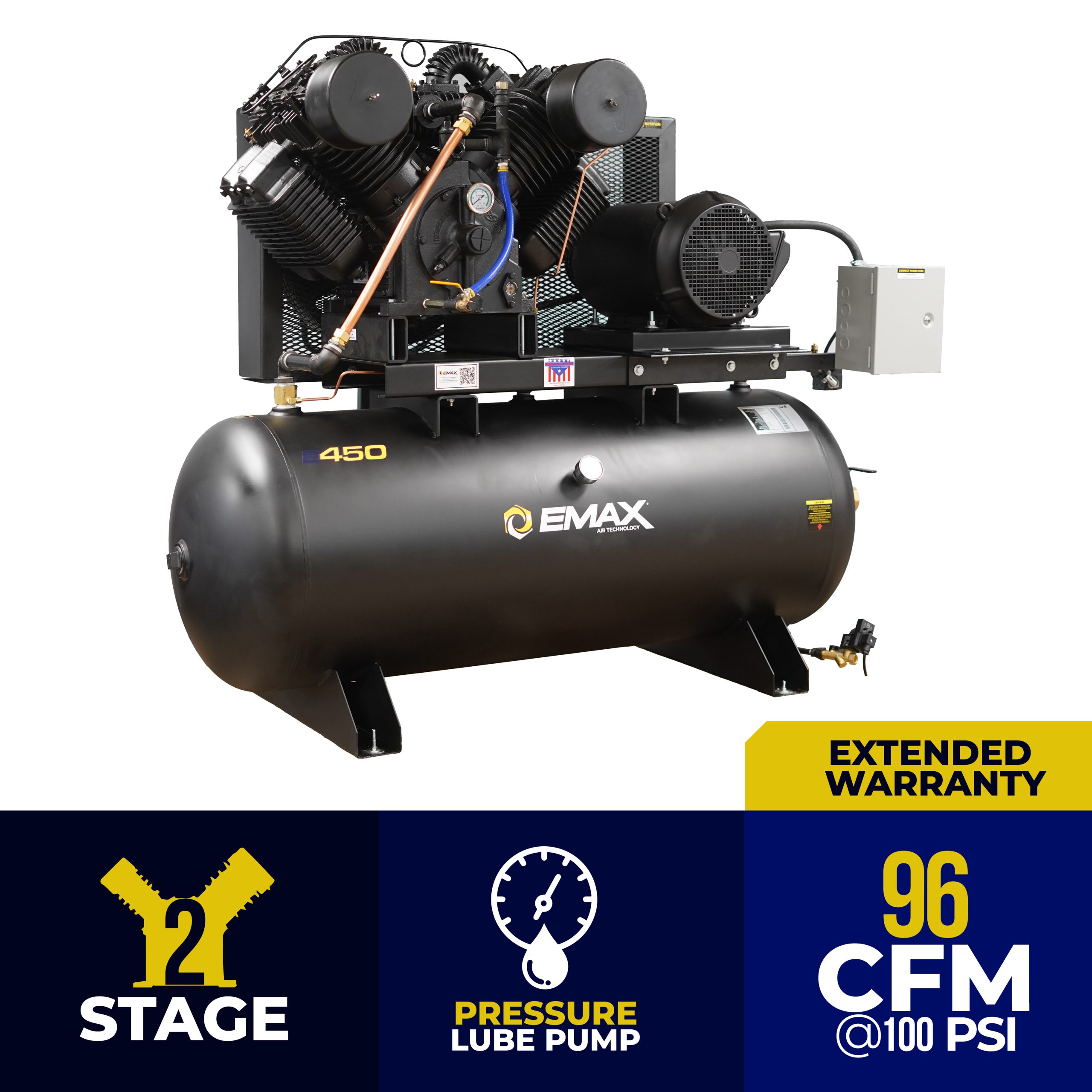 EMAX Industrial Plus 25HP V4 96CFM 3 Phase 2460V 2-Stage 120 Gal. Horizontal Stationary Electric Air Compressor-W/ Pressure Lube Pump , Isolator Pads, Belt Tensioner, Continuous Run, Auto Drain