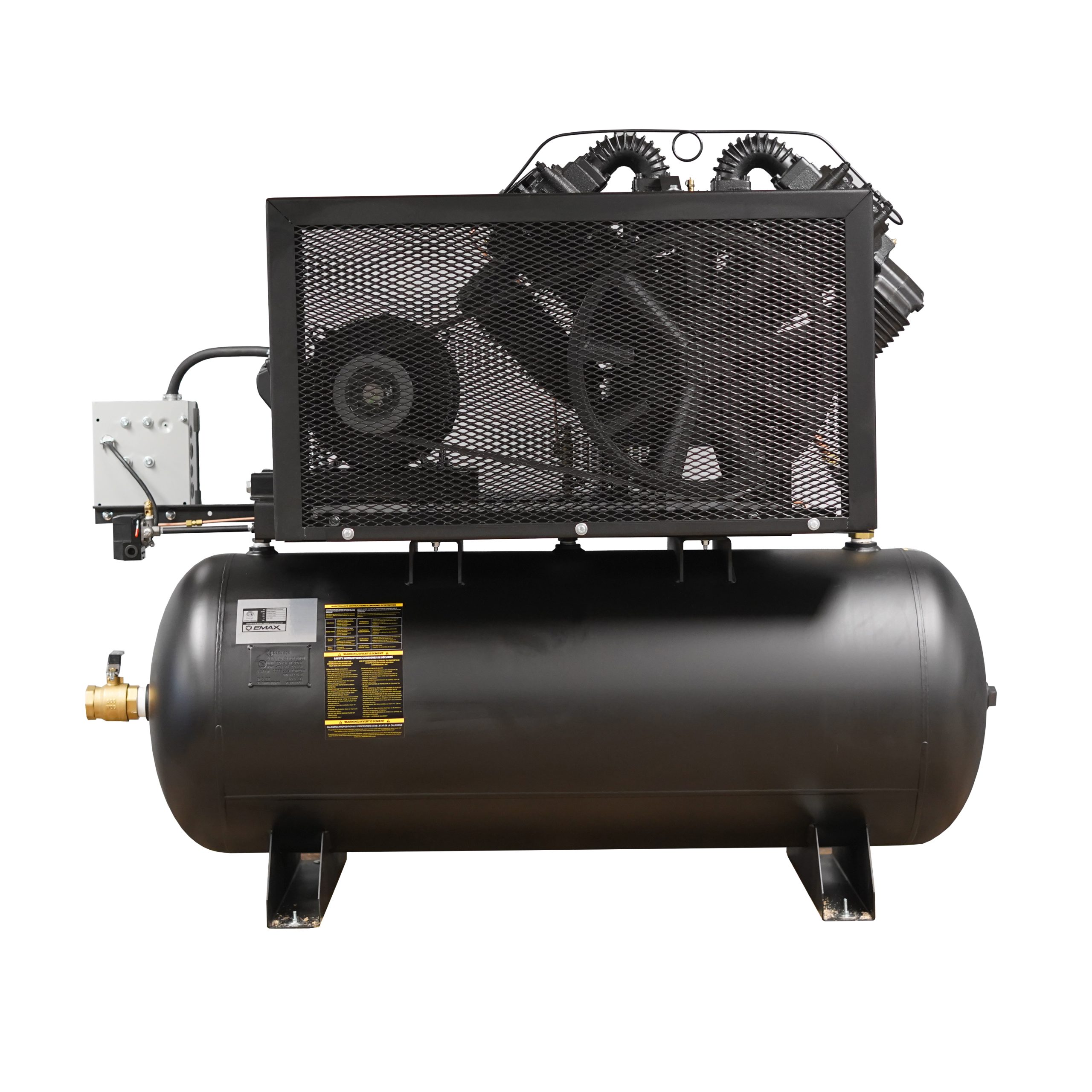 EMAX Industrial Plus 25HP V4 96CFM 3 Phase 2460V 2-Stage 120 Gal. Horizontal Stationary Electric Air Compressor-W/ Pressure Lube Pump , Isolator Pads, Belt Tensioner, Continuous Run, Auto Drain - Image 4