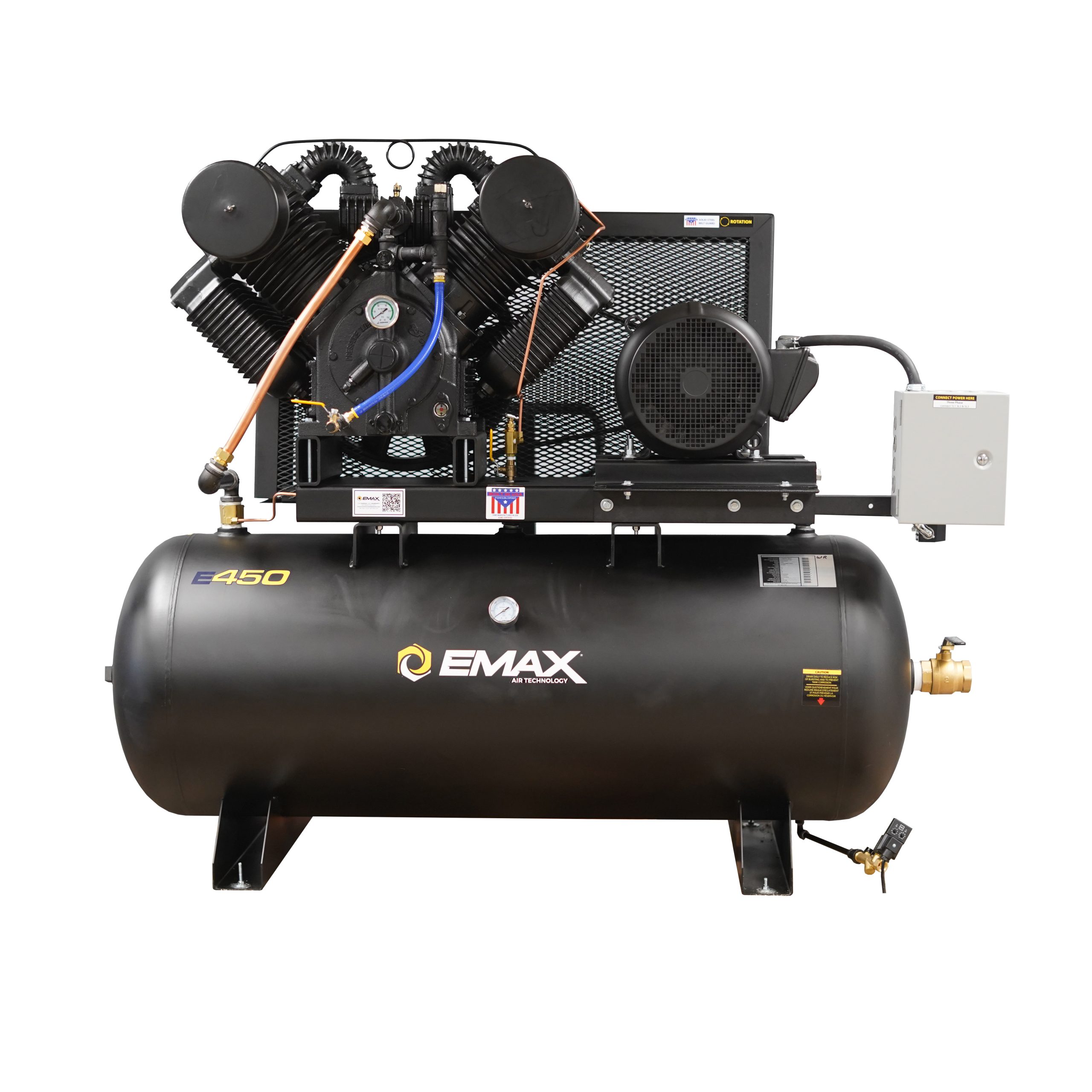 EMAX Industrial Plus 25HP V4 96CFM 3 Phase 2460V 2-Stage 120 Gal. Horizontal Stationary Electric Air Compressor-W/ Pressure Lube Pump , Isolator Pads, Belt Tensioner, Continuous Run, Auto Drain - Image 5