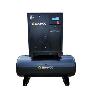 EMAX 20HP 3PH 208V 76CFM Fixed Speed Industrial Rotary Screw Compressor mounted on a 120 Gal horizontal tank