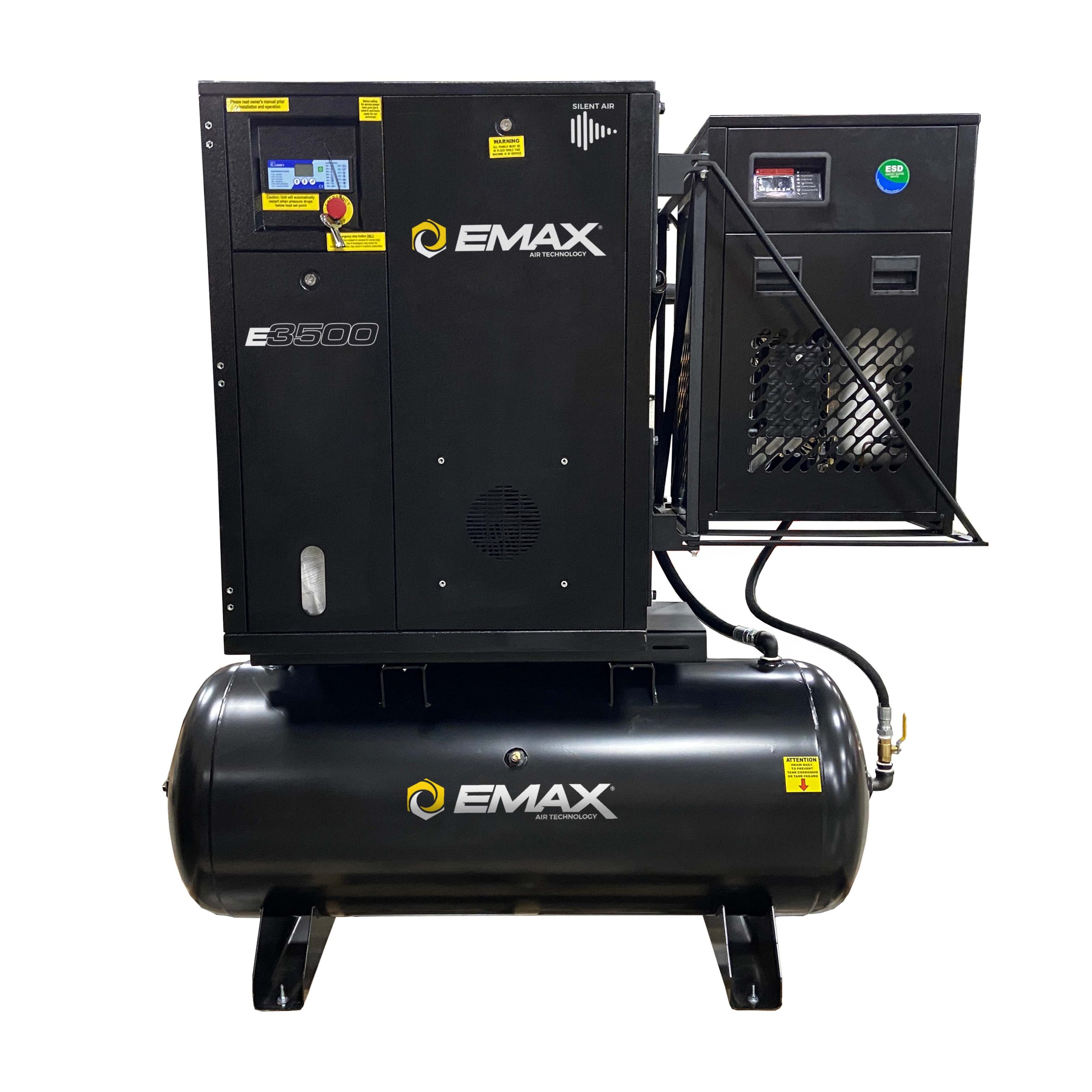 15HP 3PH 208V 56CFM Fixed Speed Industrial Rotary Screw Compressor mounted on a 120 Gal horizontal Tank swingarm 115CFM Air Dryer