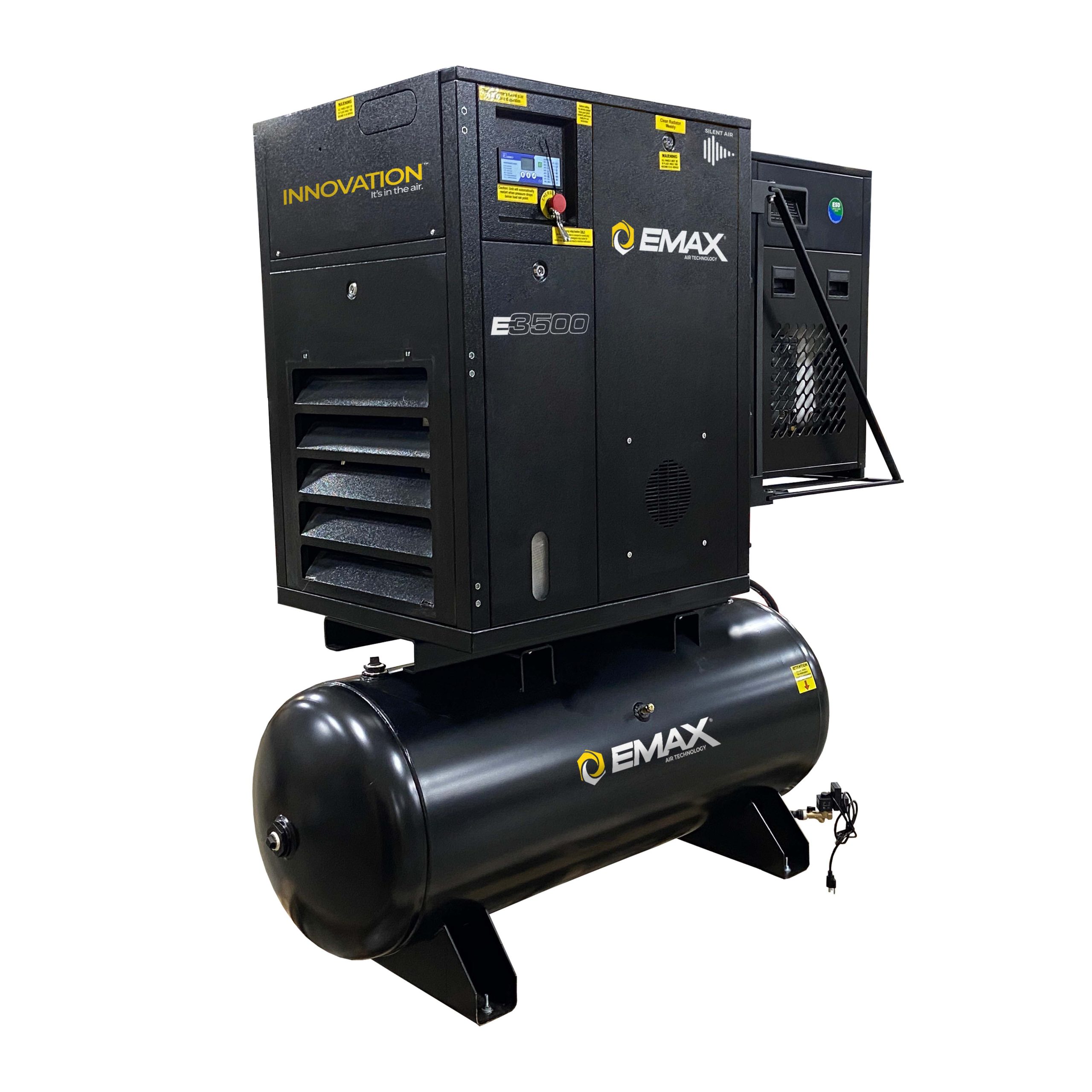 15HP 3PH 208V 56CFM Fixed Speed Industrial Rotary Screw Compressor mounted on a 120 Gal horizontal Tank swingarm 115CFM Air Dryer - Image 3