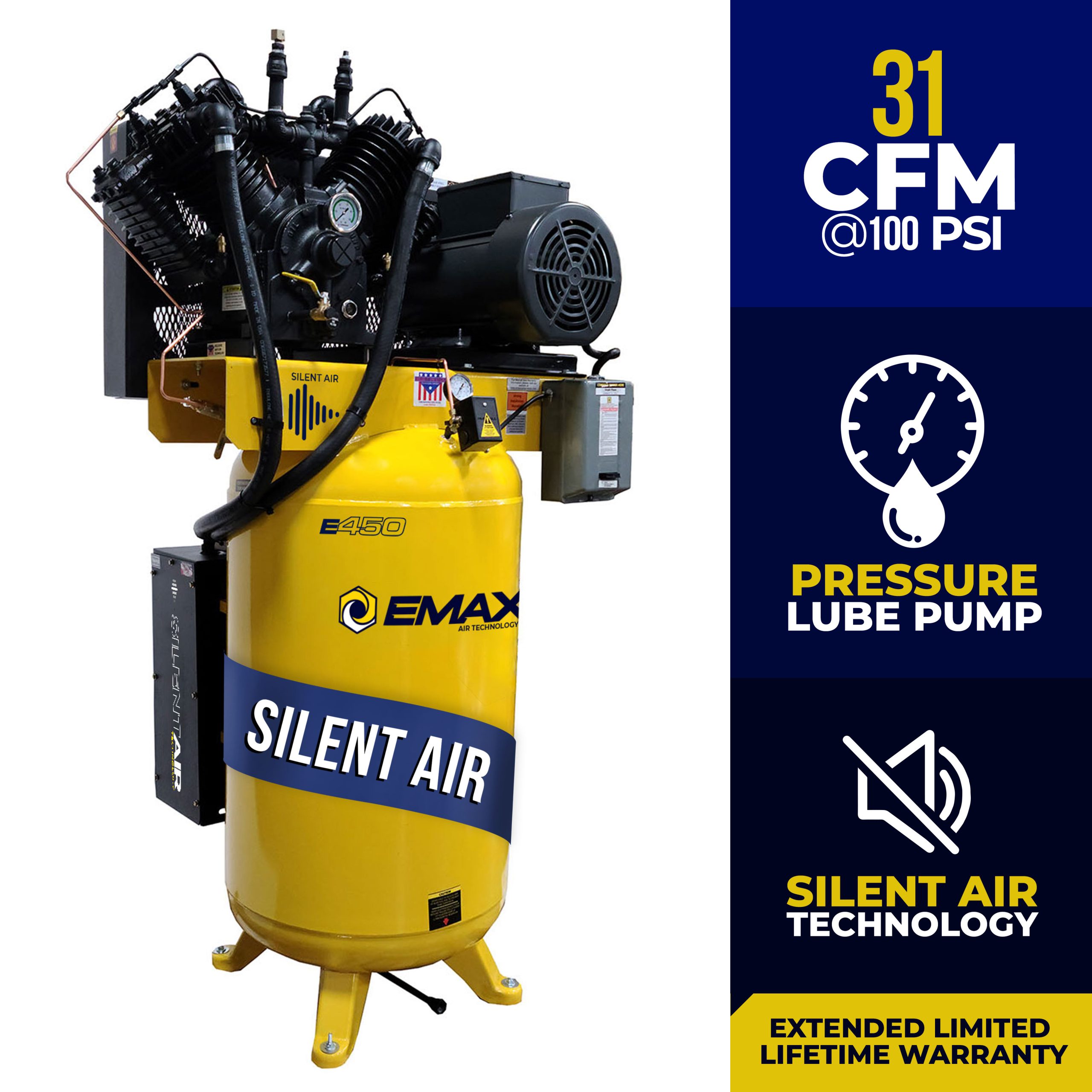 EMAX Silent Air Industrial Plus 7.5HP 31CFM 1- Phase 2-Stage 80 Gal. Vertical Stationary Electric Air Compressor-W/ Pressure Lube Pump , Isolator Pads, Belt Tensioner, Continuous Run, Auto Drain