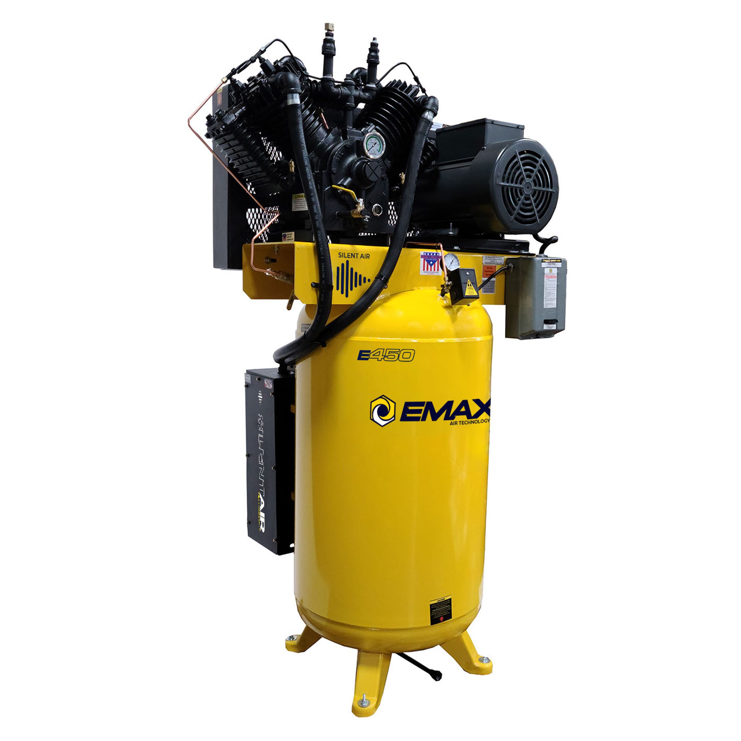 EMAX Silent Air Industrial Plus 7.5HP 31CFM 1- Phase 2-Stage 80 Gal. Vertical Stationary Electric Air Compressor-W/ Pressure Lube Pump , Isolator Pads, Belt Tensioner, Continuous Run, Auto Drain - Image 3