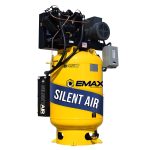 EMAX Silent Air Industrial Plus 7.5HP 31CFM 1- Phase 2-Stage 120 Gal. Vertical Stationary Electric Air Compressor-W/ Pressure Lube Pump , Isolator Pads, Belt Tensioner, Continuous Run, Auto Drain