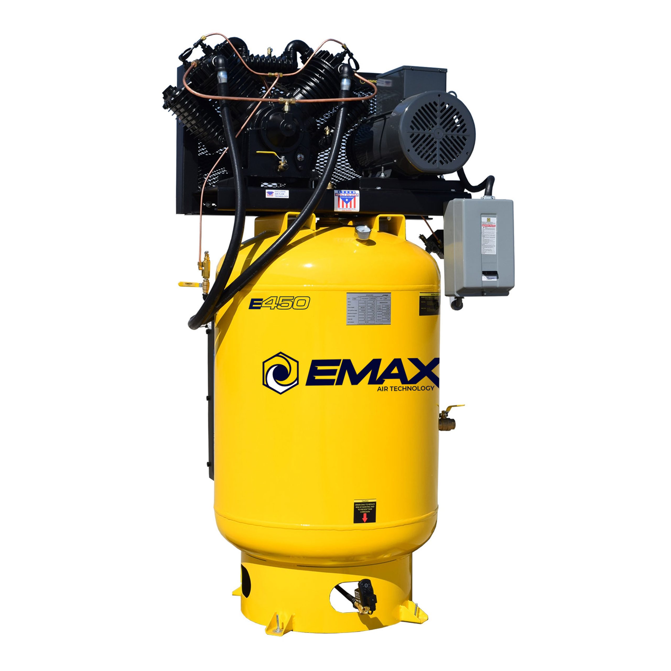 EMAX Silent Air Industrial Plus 10HP V4 38CFM 1- Phase 2-Stage 120 Gal. Vertical Stationary Electric Air Compressor-W/ Pressure Lube Pump , Isolator Pads, Belt Tensioner, Continuous Run, Auto Drain - Image 3