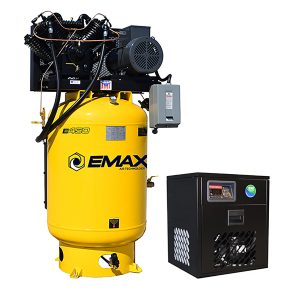 EMAX Silent Air Industrial Plus 10HP V4 38CFM 3- Phase 460V 2-Stage 120 Gal. Vertical Stationary Electric Air Compressor-W/ Pressure Lube Pump , Isolator Pads, Belt Tensioner, Continuous Run, Auto Drain w/ 58CFM Dryer