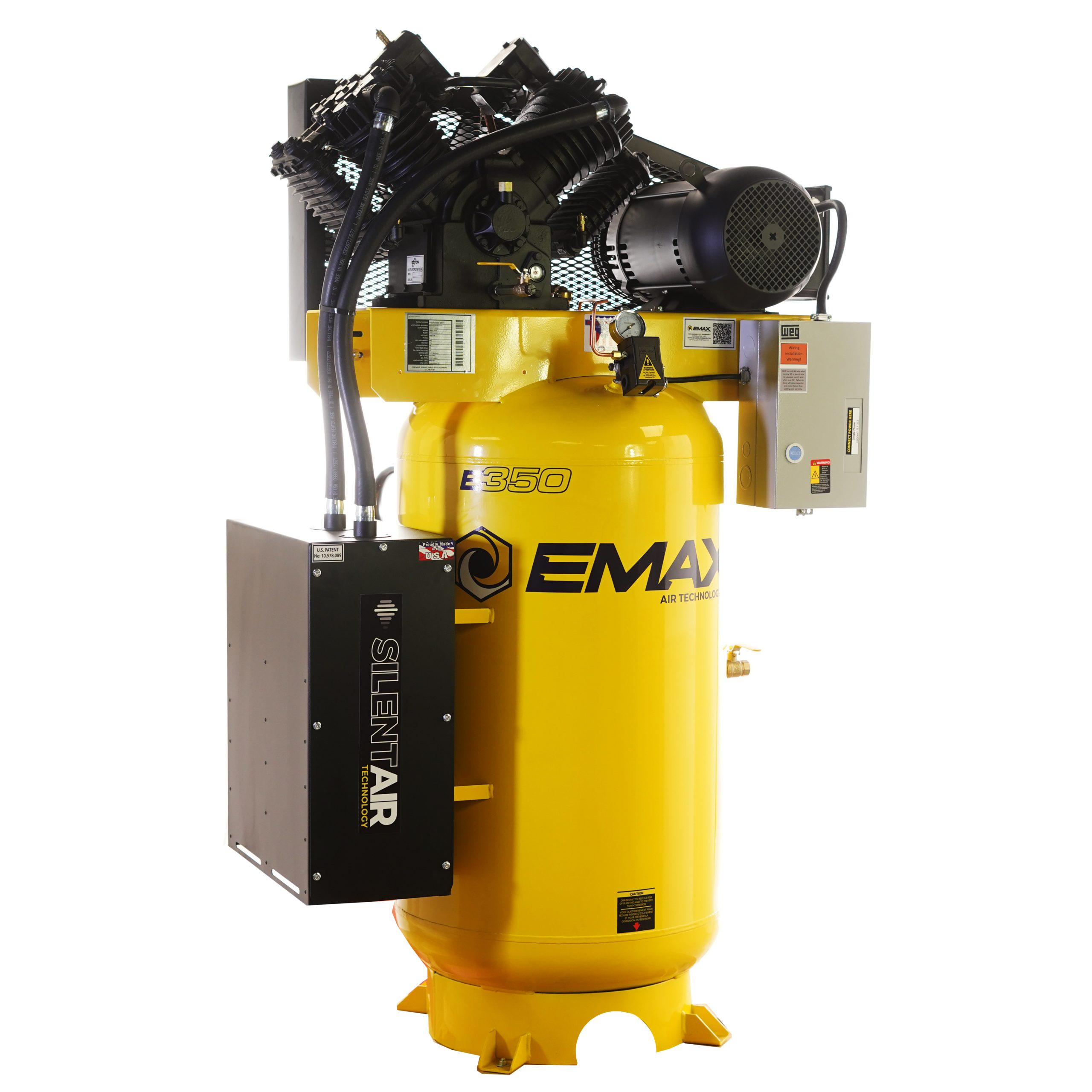 EMAX Silent Air Industrial 10HP V4 Two Stage 1Ph 38CFM 80 Gallon Air Compressor w/isolator pads - Splash Lubricated, w/isolator pads - Image 3
