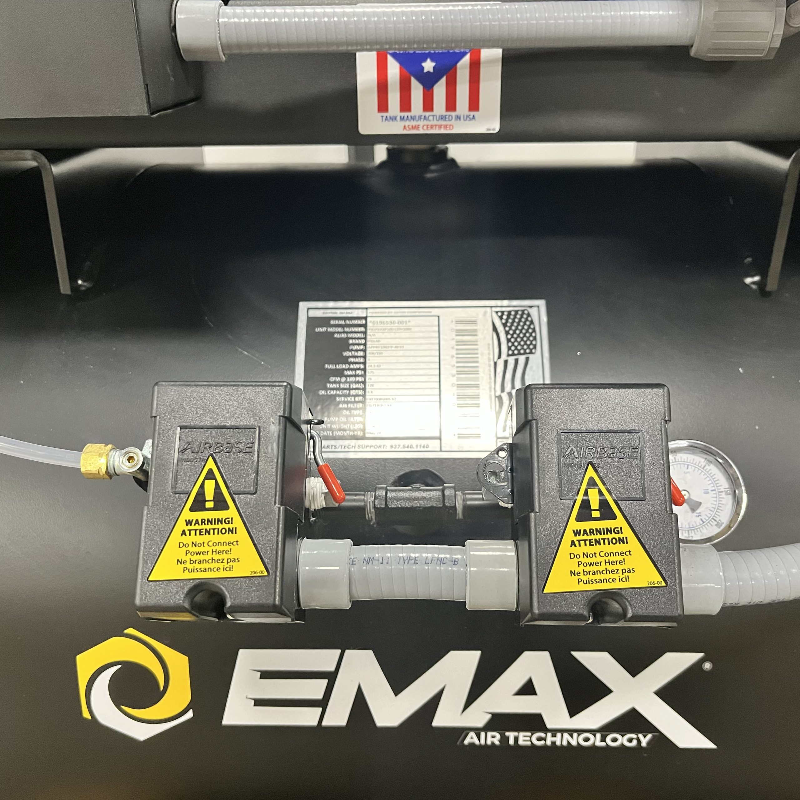EMAX DUPLEX Industrial Plus 10HP V4 76CFM 3- Phase 208V 2-Stage 120 Gal. Horizontal Stationary Electric Air Compressor-W/ Pressure Lube Pump , Isolator Pads, Belt Tensioner, Auto Drain, alternating switch w/ 115CFM Dryer - Image 6