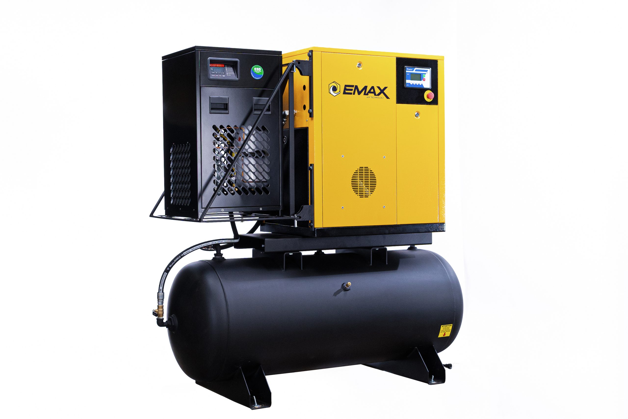 EMAX 15HP 3PH 460V 62CFM Rotary Screw Swing Arm :: 115CFM Dryer :: 120 Gallon Horizontal Tank - Matte Black w/ Auto Drain & Hydraulic Hoses