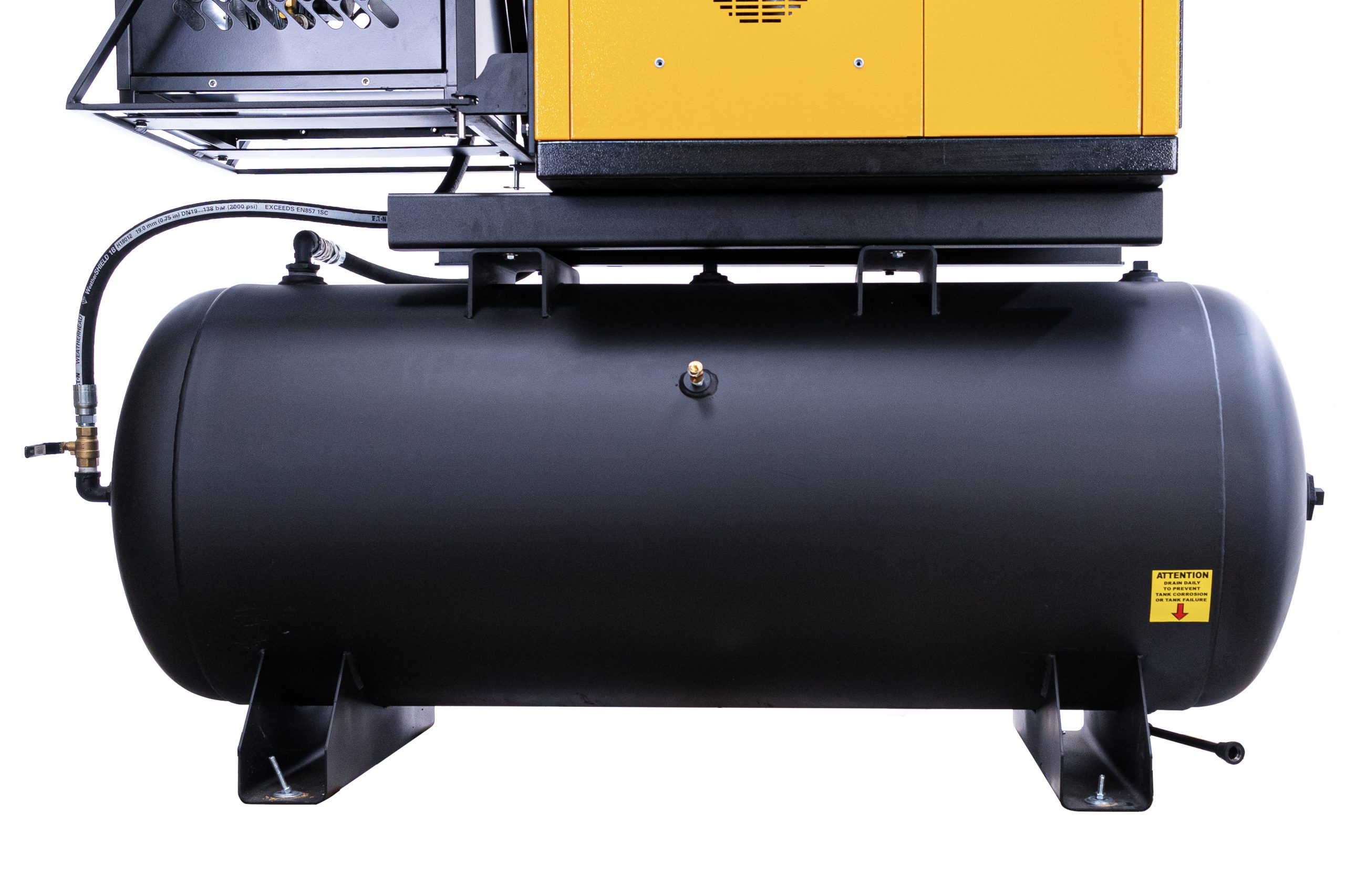 EMAX 15HP 3PH 460V 62CFM Rotary Screw Swing Arm :: 115CFM Dryer :: 120 Gallon Horizontal Tank - Matte Black w/ Auto Drain & Hydraulic Hoses - Image 4