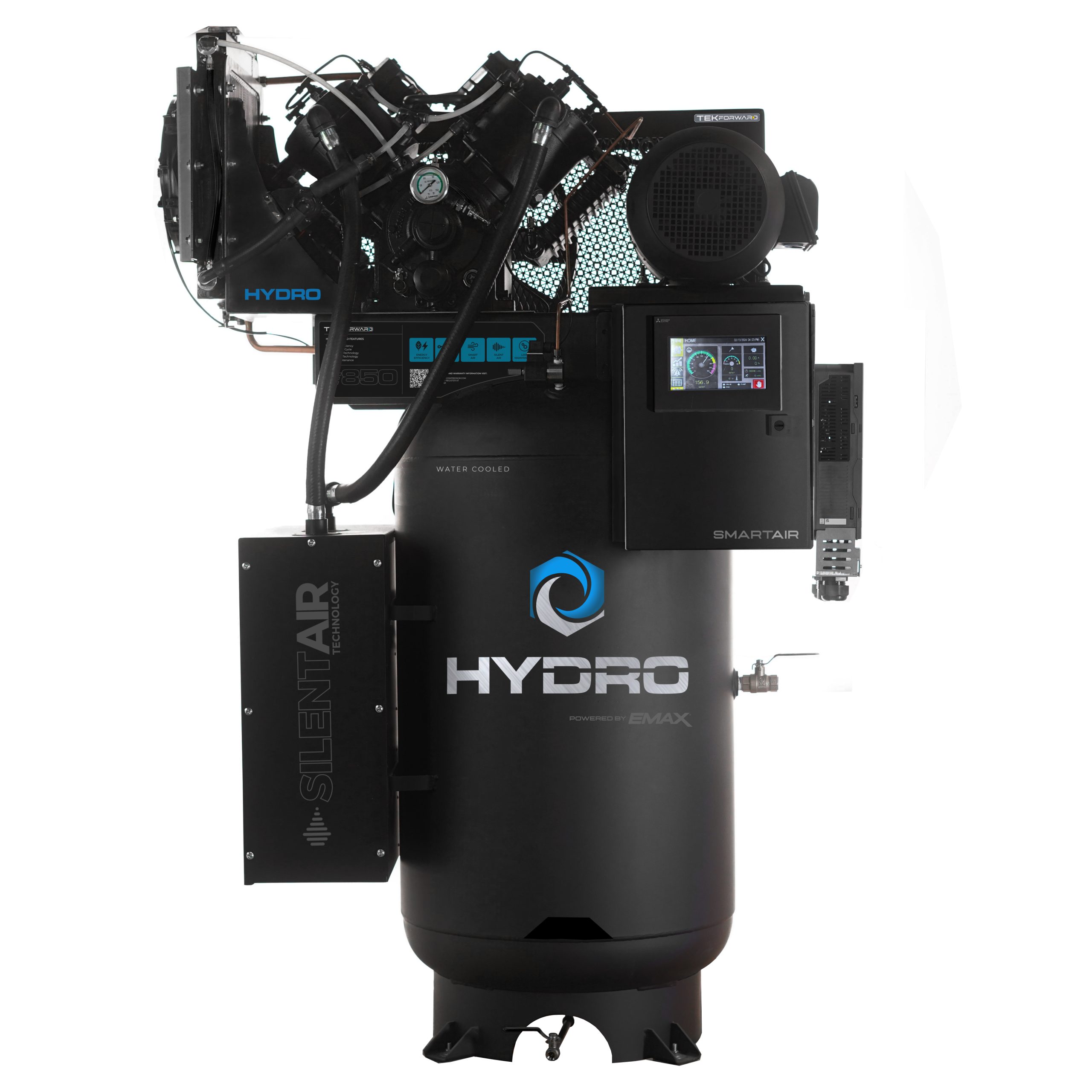 EMAX Hydro SMART AIR® Silent Air 10HP 38CFM 3 Phase 208 Volt 2-Stage 80 Gal. Air Compressor-W/ Pressure Lube Pump , Isolator Pads, Belt Tensioner, Continuous Run, Auto Drain, Water cooled pump, Radiator, Smart PLC, low Oil Shutdown, 100% Duty Cycle,With WIFI Connection - Image 11