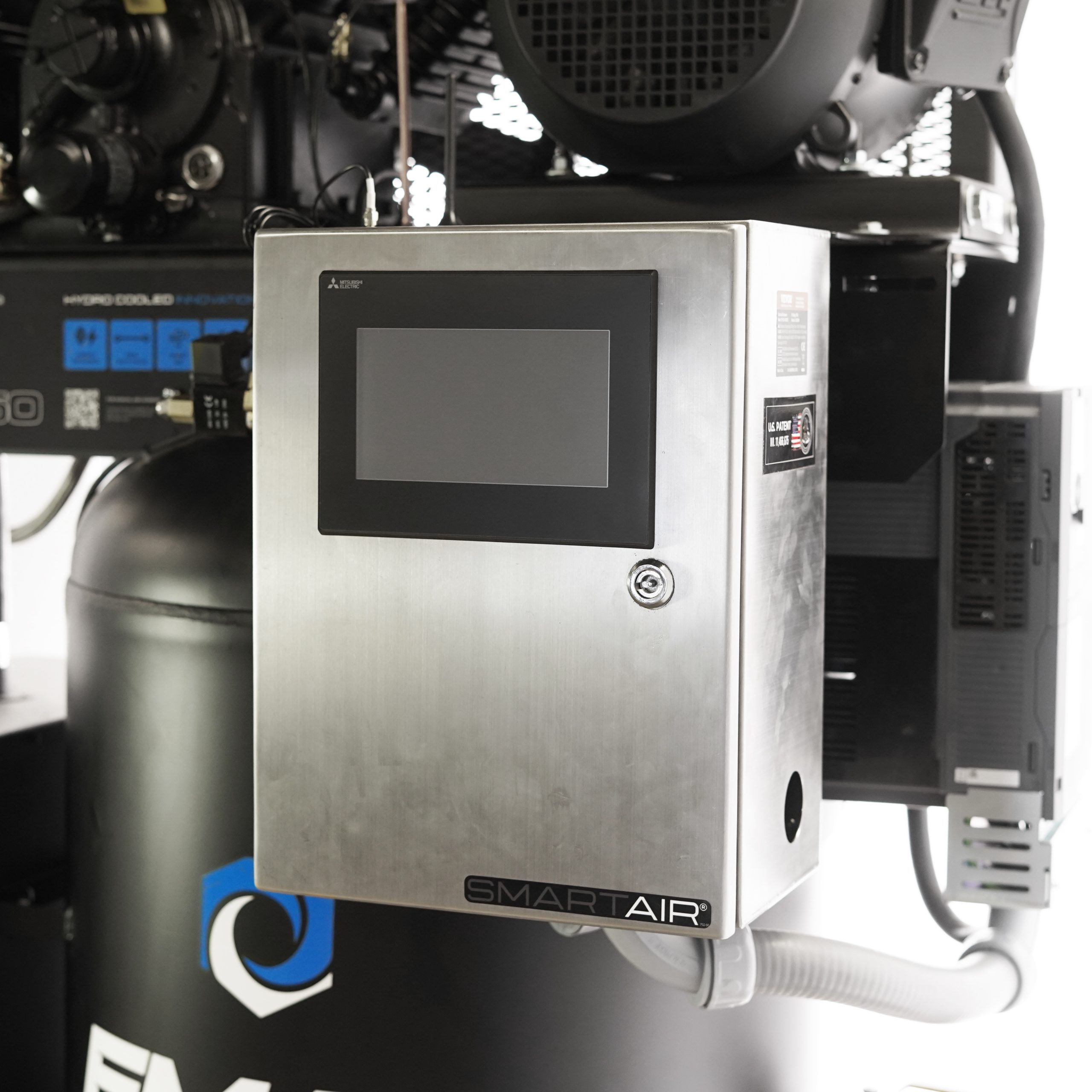 EMAX Hydro SMART AIR® Silent Air 10HP 38CFM 3 Phase 208 Volt 2-Stage 80 Gal. Air Compressor-W/ Pressure Lube Pump , Isolator Pads, Belt Tensioner, Continuous Run, Auto Drain, Water cooled pump, Radiator, Smart PLC, low Oil Shutdown, 100% Duty Cycle,With WIFI Connection - Image 10